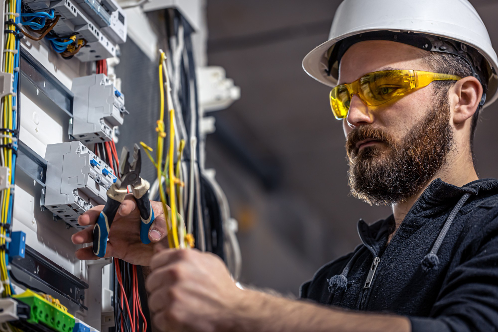 Alt text: A male electrician works in a switchboard with an electrical connecting cable.