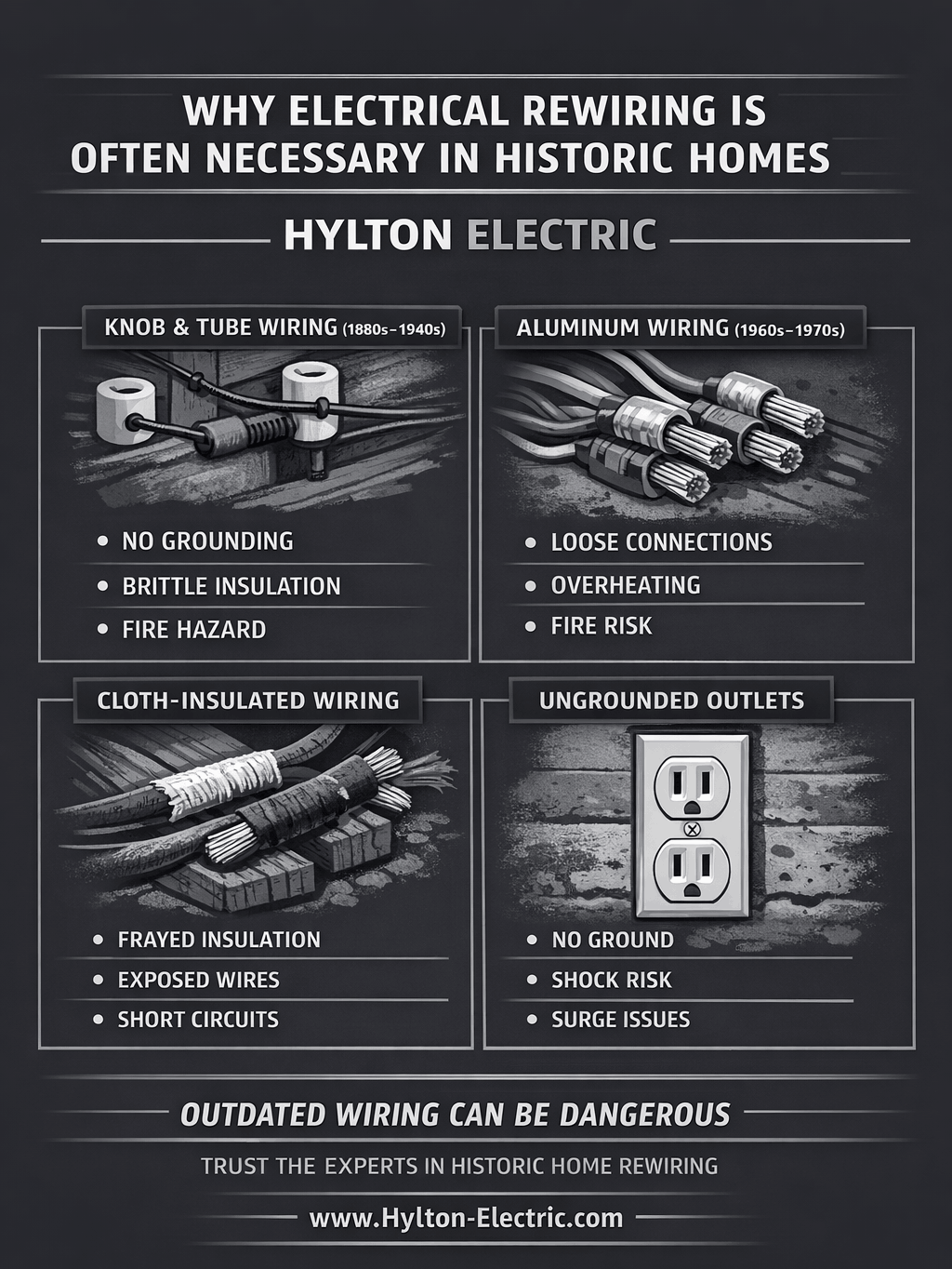 Infographic by Hylton Electric showing common outdated wiring types found in historic homes, including knob and tube wiring, aluminum wiring, cloth-insulated wiring, and ungrounded outlets.