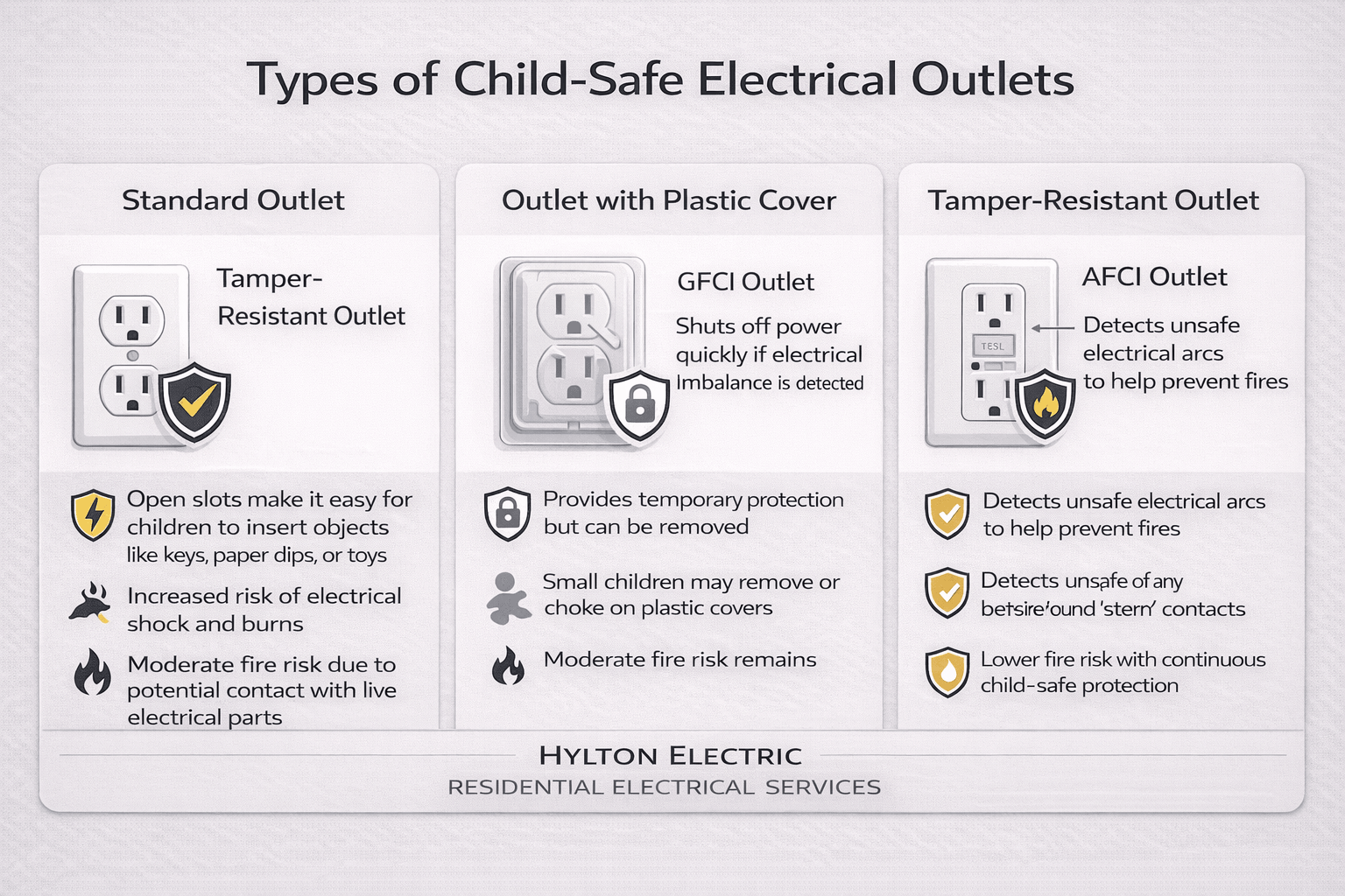 Infographic showing types of child-safe electrical outlets including tamper-resistant, GFCI, AFCI, and weather-resistant outlets with safety features for residential use.