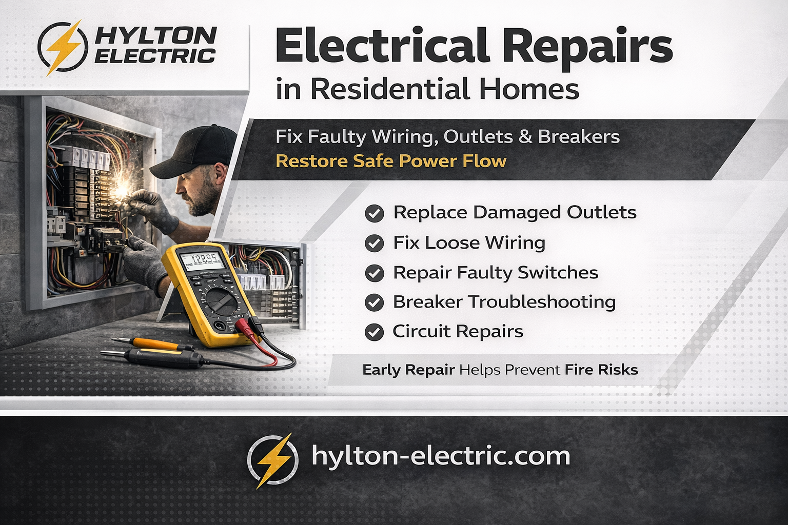 Electrical repairs in residential homes showing outlet replacement, loose wiring fixes, switch repairs, breaker troubleshooting, and circuit repair services by Hylton Electric.