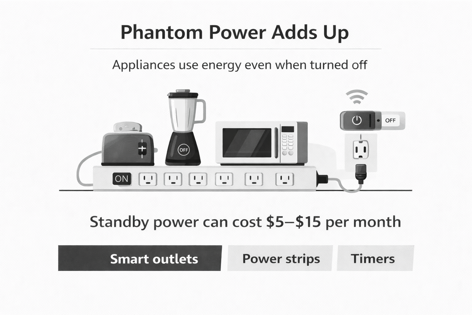 Kitchen appliances connected to a smart power strip showing standby energy use.