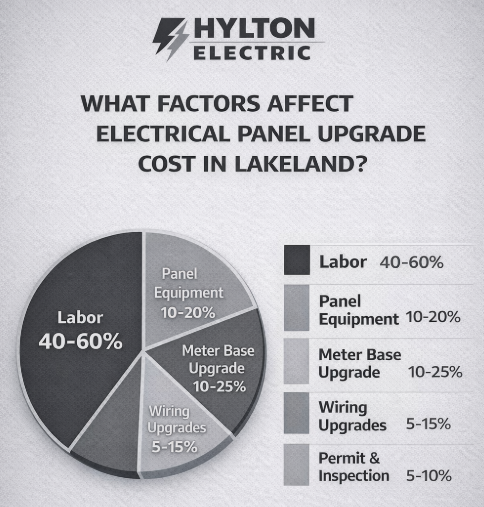 Electrical panel upgrade cost breakdown in Lakeland, FL showing labor, panel equipment, meter base upgrade, wiring upgrades, and permit and inspection cost percentages by Hylton Electric.