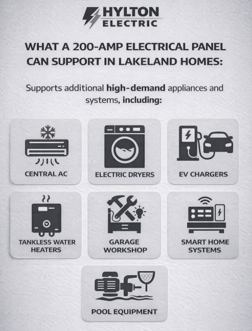 What a 200-amp electrical panel can support in Lakeland homes including central AC, electric dryers, EV chargers, tankless water heaters, garage workshop equipment, smart home systems, and pool equipment by Hylton Electric.