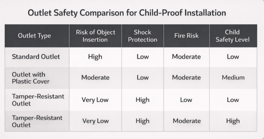 Comparison table showing safety differences between standard outlets, outlets with plastic covers, and tamper-resistant outlets based on risk of object insertion, shock protection, fire risk, and child safety level.