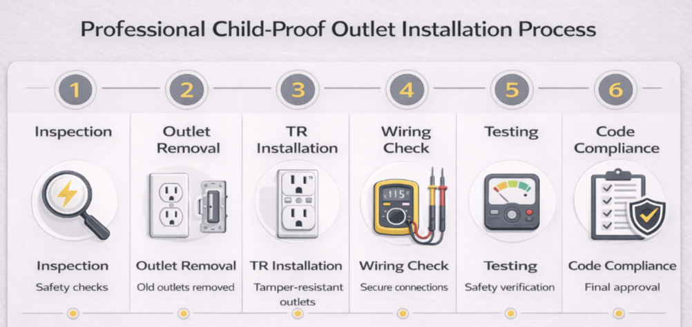 Infographic showing the professional child-proof outlet installation process including inspection, outlet removal, tamper-resistant outlet installation, wiring check, safety testing, and final code compliance review.