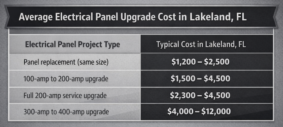 Average electrical panel upgrade cost in Lakeland, FL showing panel replacement, 100-amp to 200-amp upgrade, full 200-amp service upgrade, and 300-amp to 400-amp upgrade price ranges by Hylton Electric.