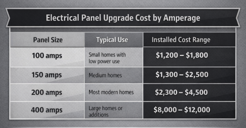 Electrical panel upgrade cost by amperage in Lakeland, FL comparing 100 amp, 150 amp, 200 amp, and 400 amp panel sizes with typical installed cost ranges by Hylton Electric.