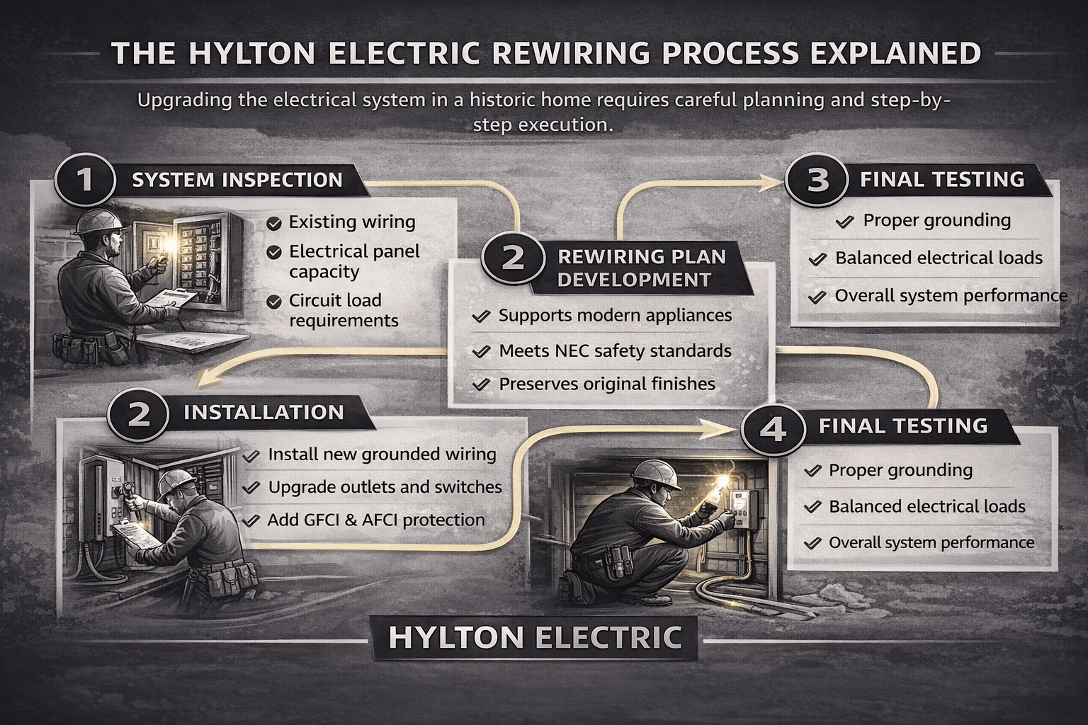 Landscape flowchart infographic by Hylton Electric illustrating the four-step historic home rewiring process, including system inspection, rewiring plan development, installation, and final testing.