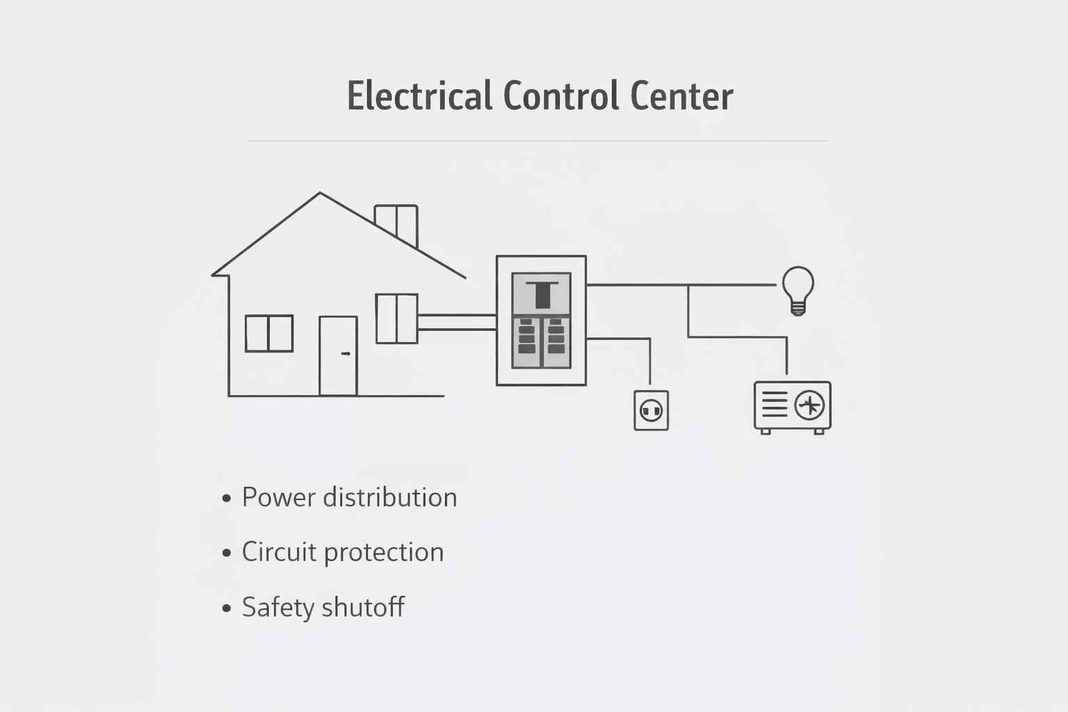 Minimal diagram showing breaker box distributing electricity safely across home circuits with labeled connections.