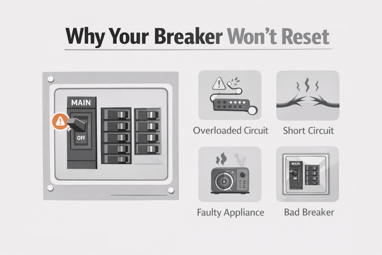 Tripped breaker illustration showing common causes like overloads, short circuits, faulty appliances, and damaged breakers. 