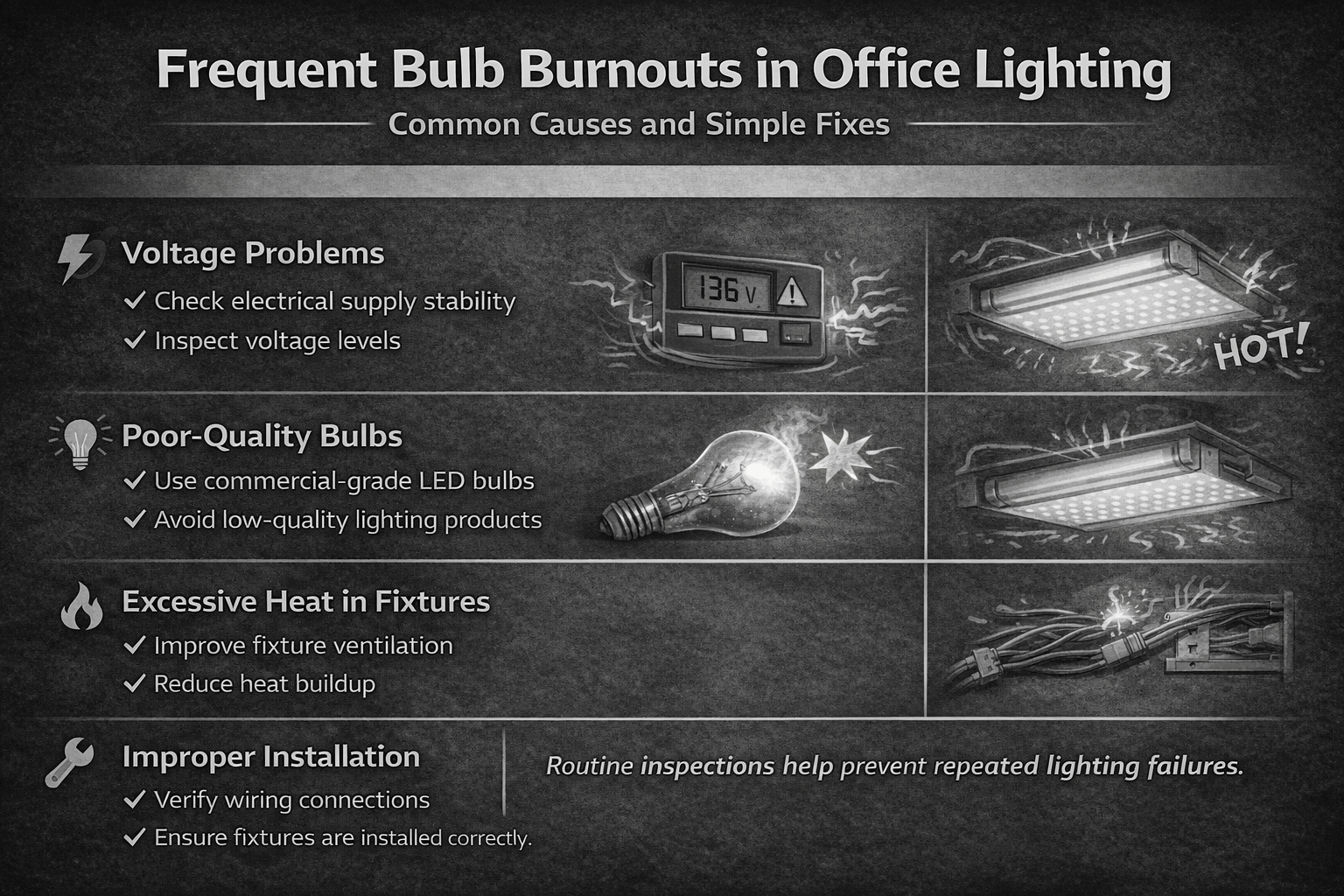 Infographic showing solutions to prevent frequent office light bulb burnouts, including checking voltage levels, using high-quality bulbs, improving fixture ventilation, and ensuring proper installation.