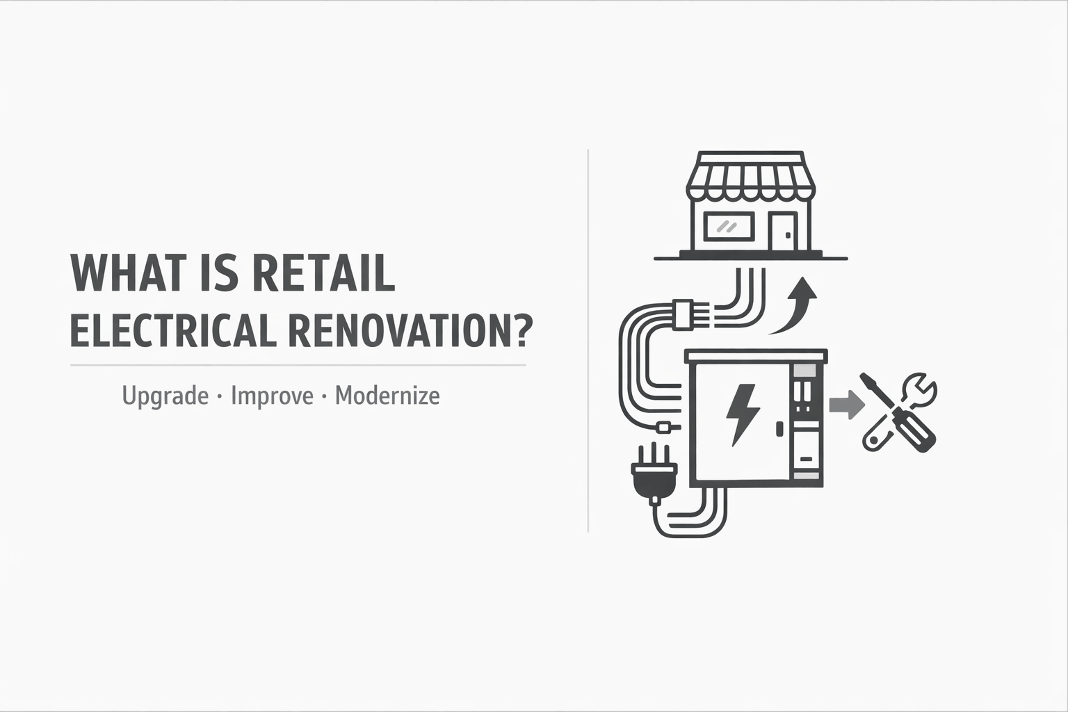 Minimal graphic showing retail store electrical upgrade concept with wiring, panel icon, and clean structured layout.