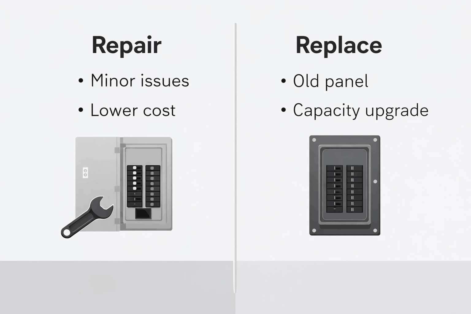 Split comparison showing breaker panel repair versus replacement based on condition, cost, and electrical capacity needs.