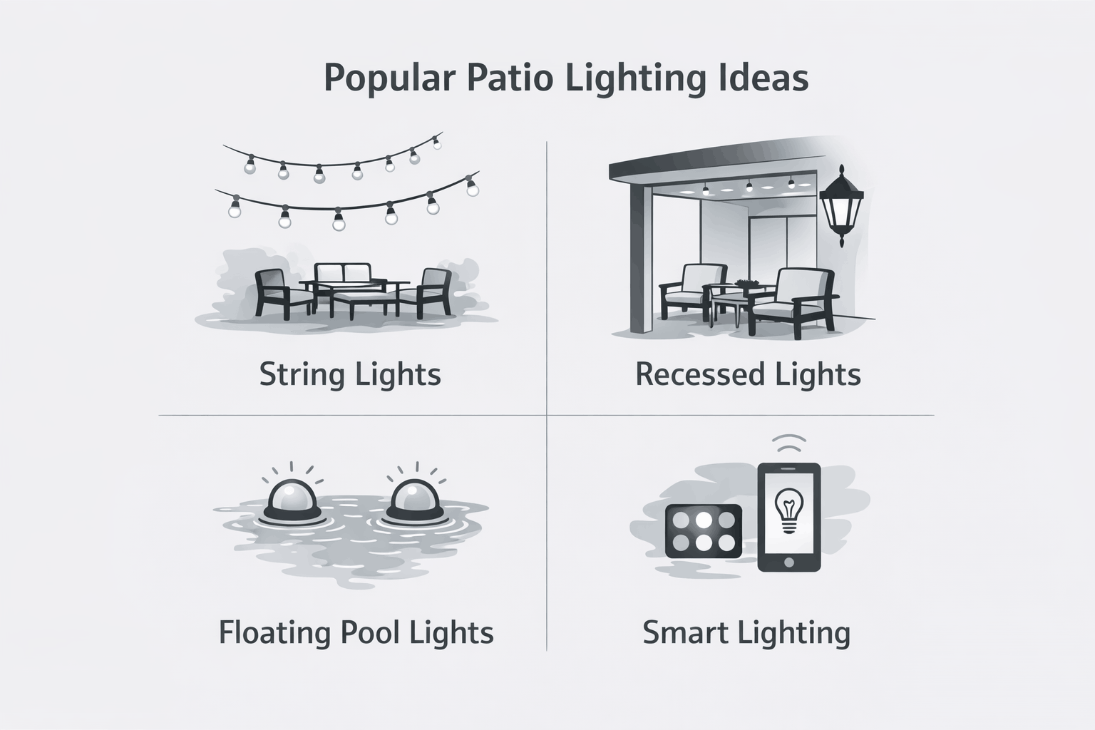 Patio lighting ideas including string lights recessed lighting and lantern lights