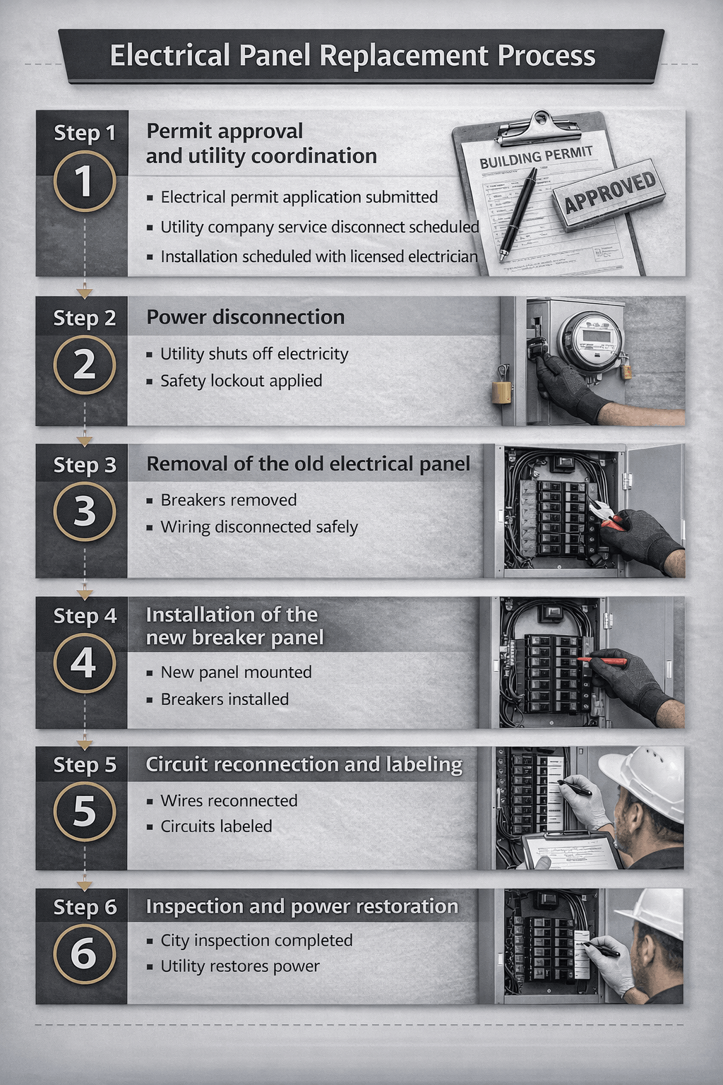 Step-by-step electrical panel replacement process including permit approval, installation, and final inspection.