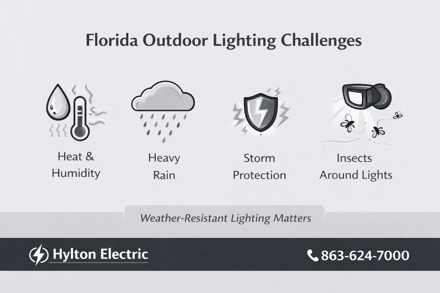 Minimalist graphic explaining outdoor lighting challenges in Florida including humidity, rain, storms, and insects around security lights.