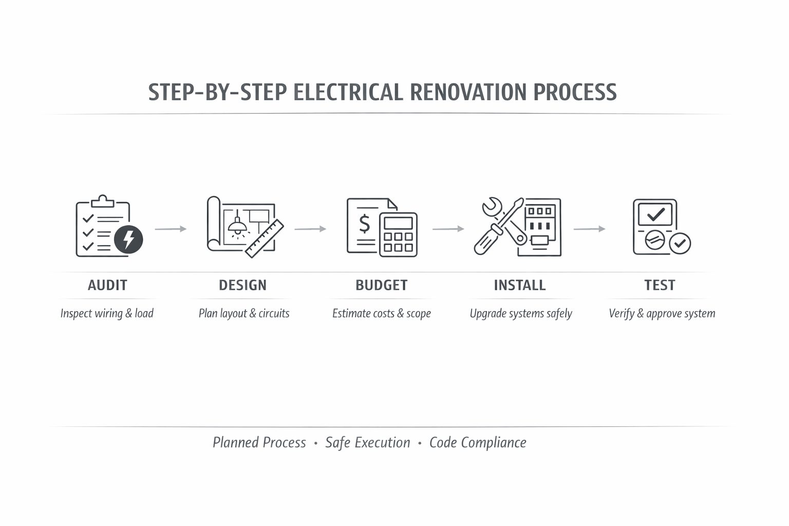 Minimal step-by-step infographic showing audit, design, budgeting, installation, and testing stages of retail electrical renovation process.