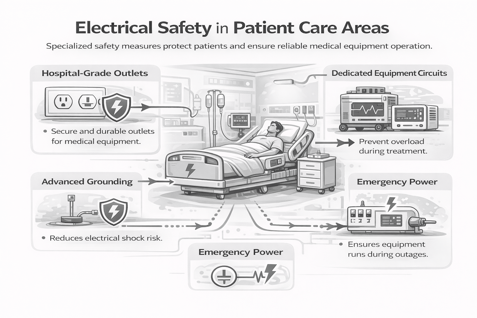 Grayscale infographic illustrating electrical safety in patient care areas, including hospital-grade outlets, grounding systems, dedicated circuits, and emergency power.