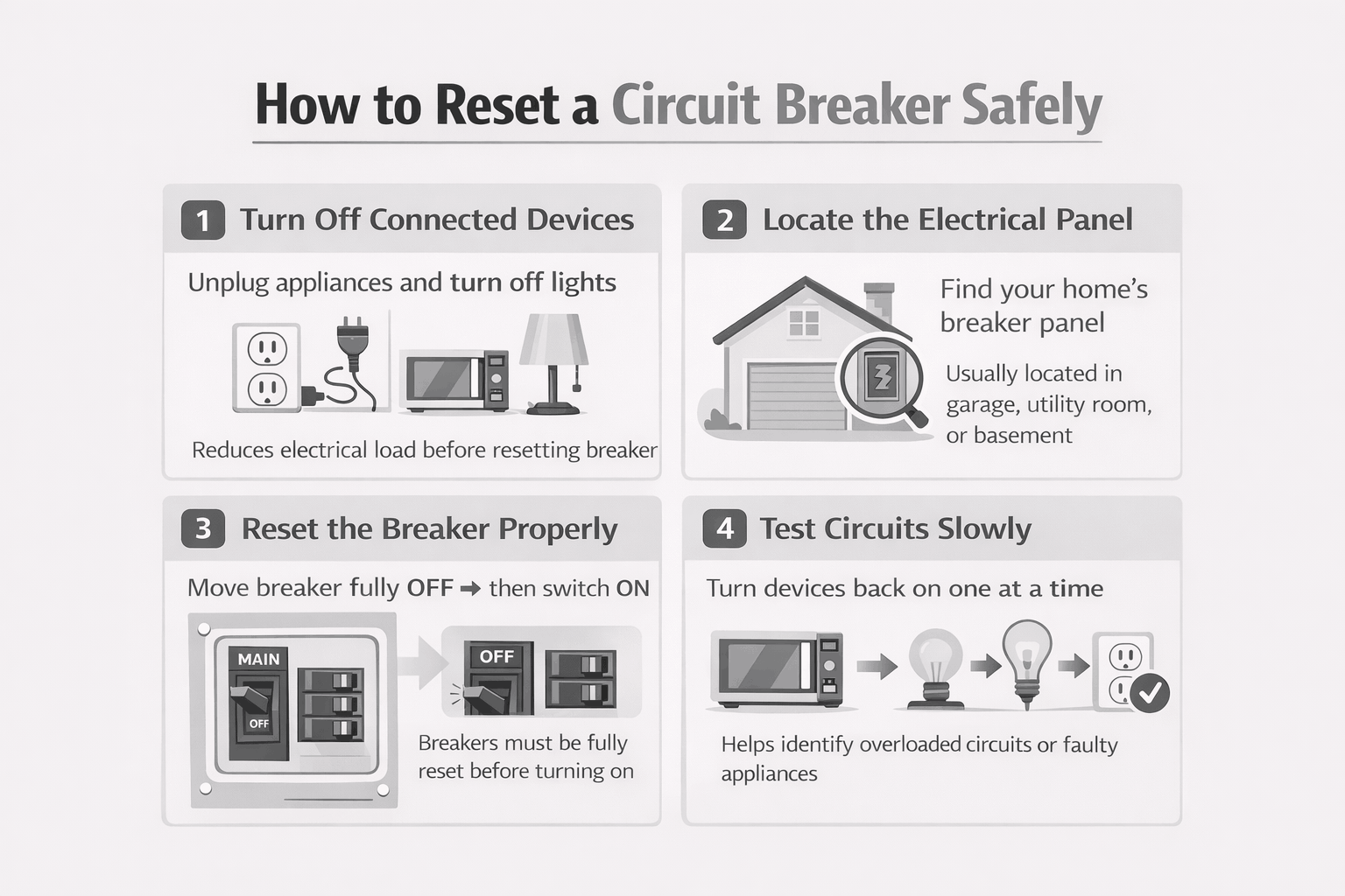 Step-by-step infographic explaining how homeowners safely reset a tripped circuit breaker using simple troubleshooting steps.