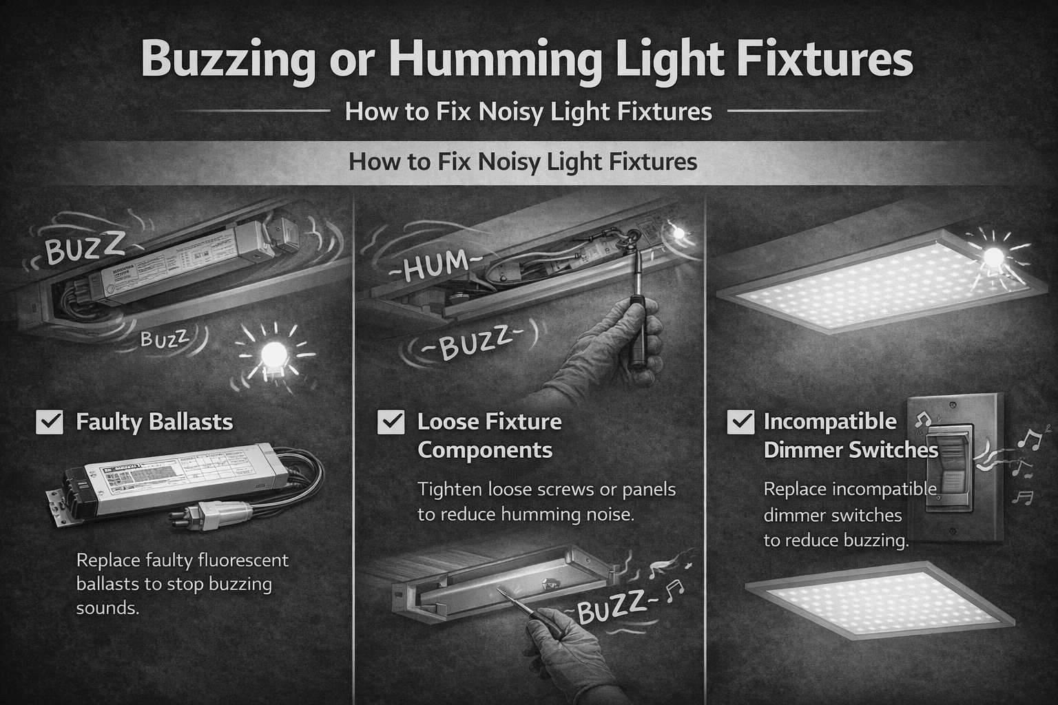 Infographic showing solutions for buzzing or humming office light fixtures, including replacing faulty ballasts, tightening loose fixture components, and installing compatible dimmer switches.