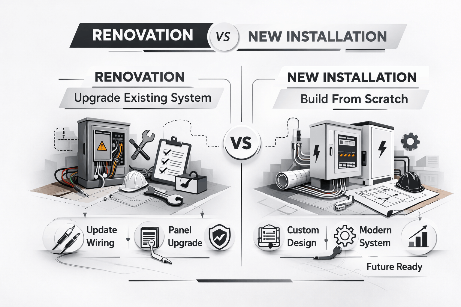 Comparison graphic showing difference between electrical renovation and new installation with simple icons and clean divided layout.