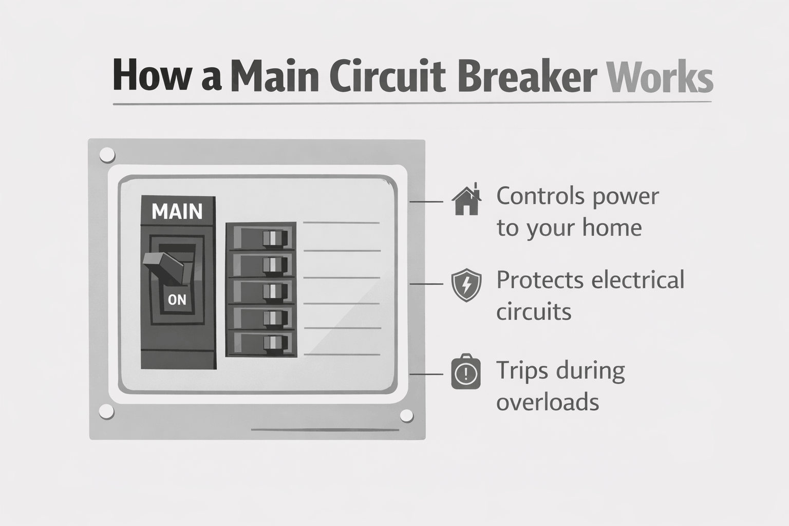 Minimal electrical panel diagram explaining how a main circuit breaker controls power and protects home circuits.