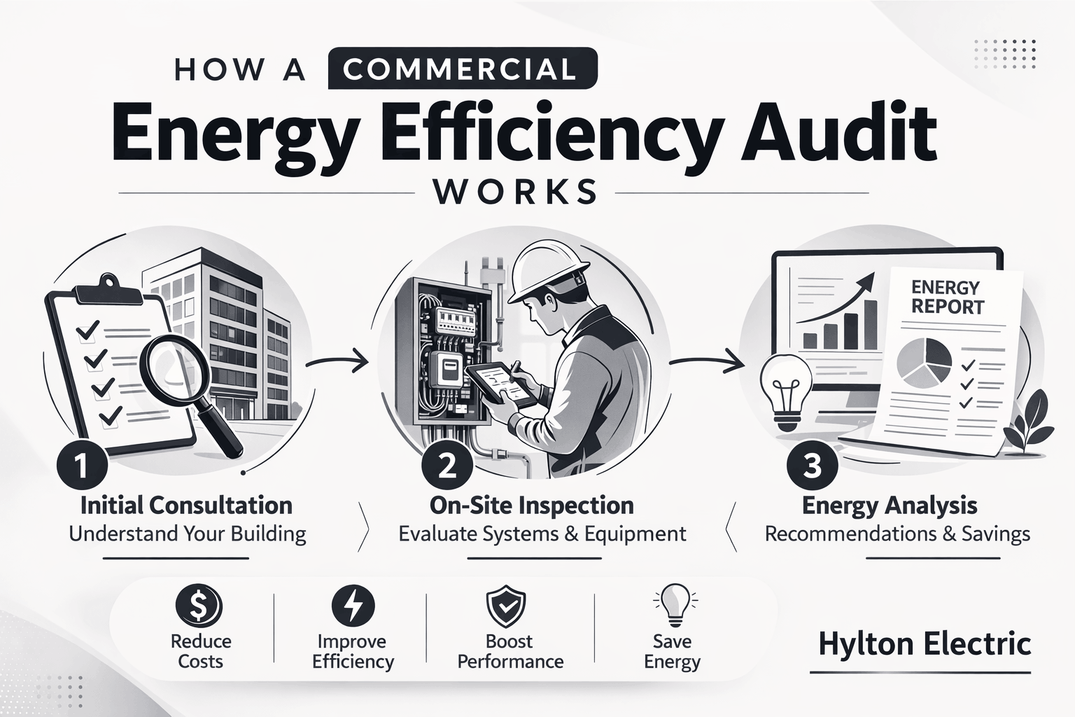 Step-by-step commercial energy audit process including consultation, building inspection, energy analysis, and efficiency recommendations.
