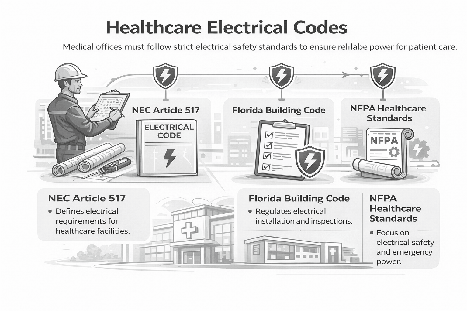 Grayscale infographic explaining healthcare electrical codes including NEC Article 517, Florida Building Code, and NFPA standards.