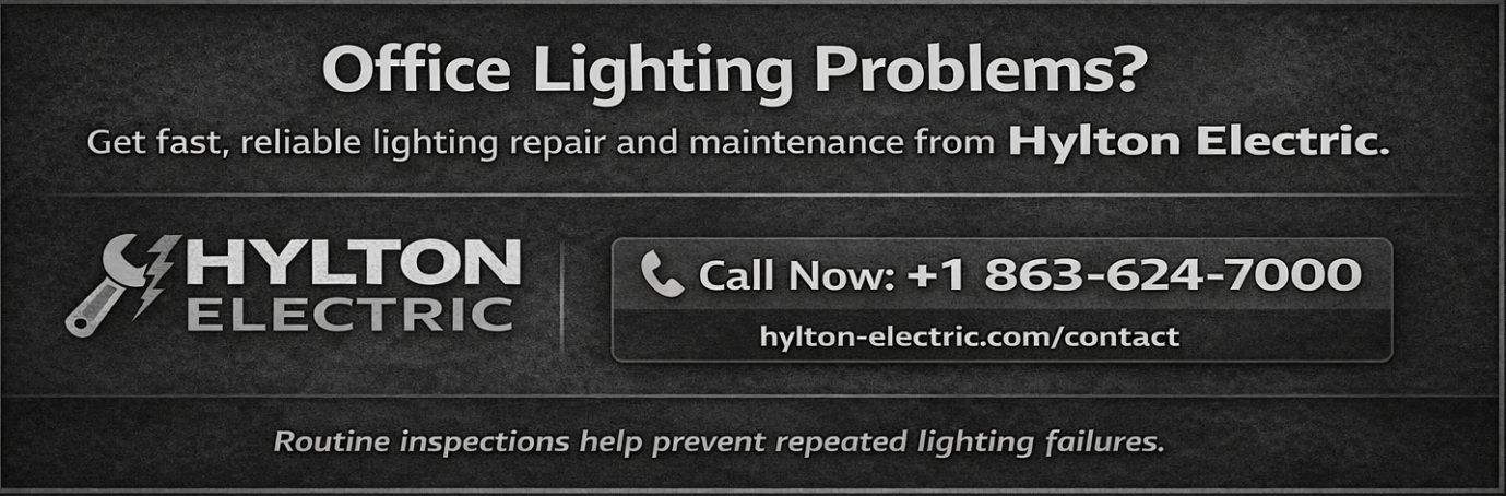 CTA banner for Hylton Electric promoting office lighting repair and maintenance with phone number +1 863-624-7000.