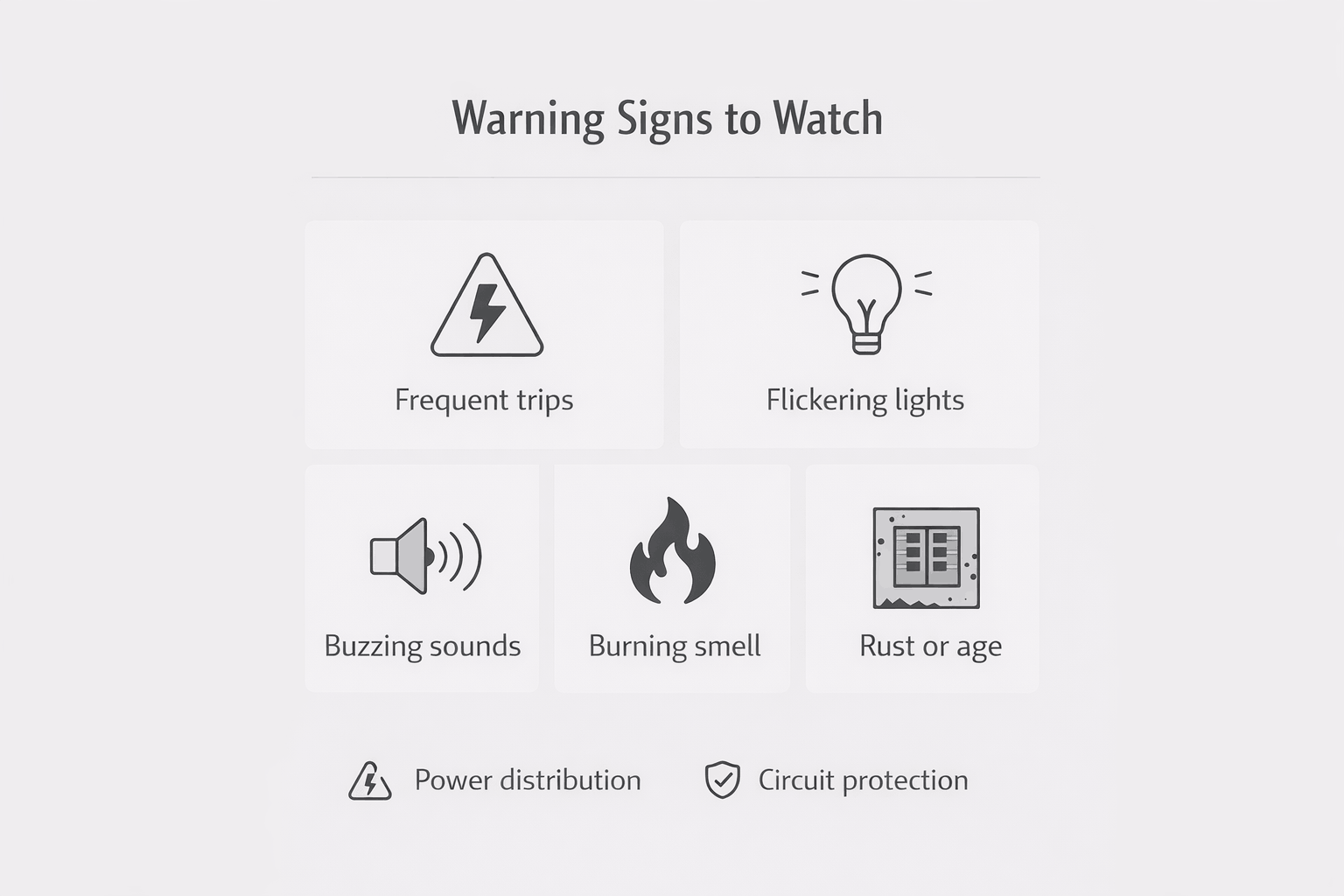 Minimal icon grid highlighting breaker box warning signs like flickering lights, burning smell, tripping circuits, and panel damage.
