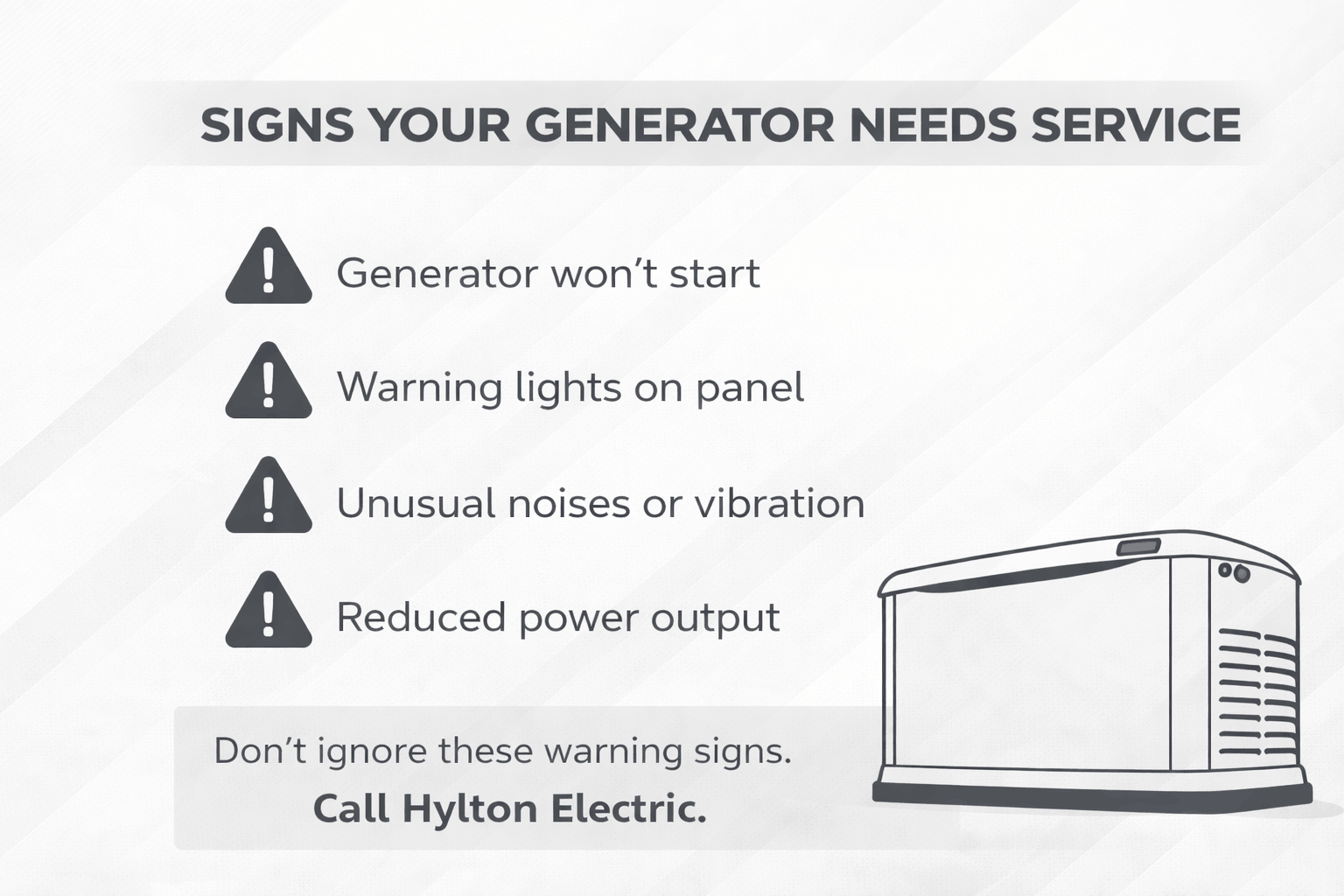 Common generator warning signs including startup failure, warning lights, and unusual noise indicating standby generator maintenance is needed.