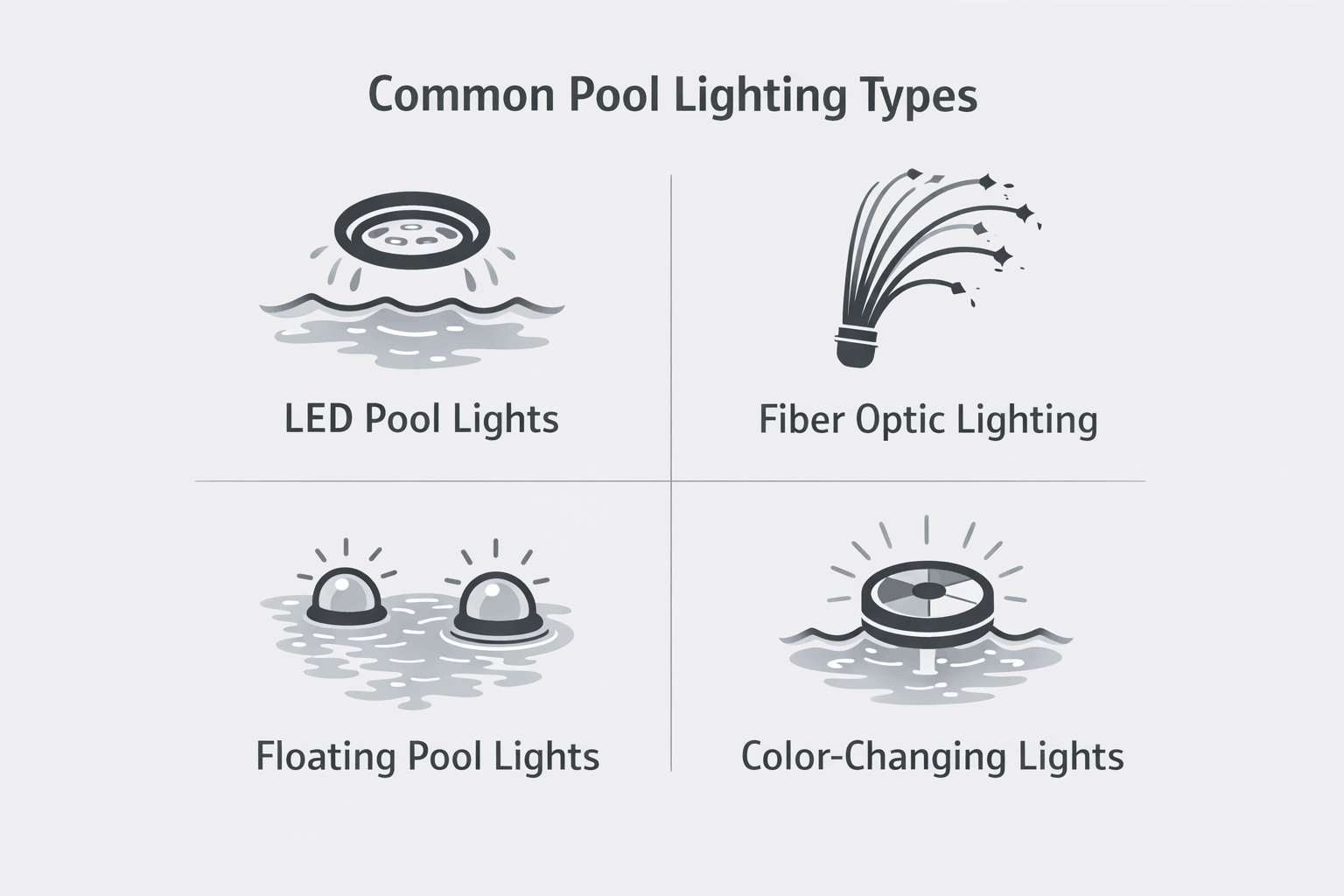 Types of pool lighting including LED fiber optic and floating lights