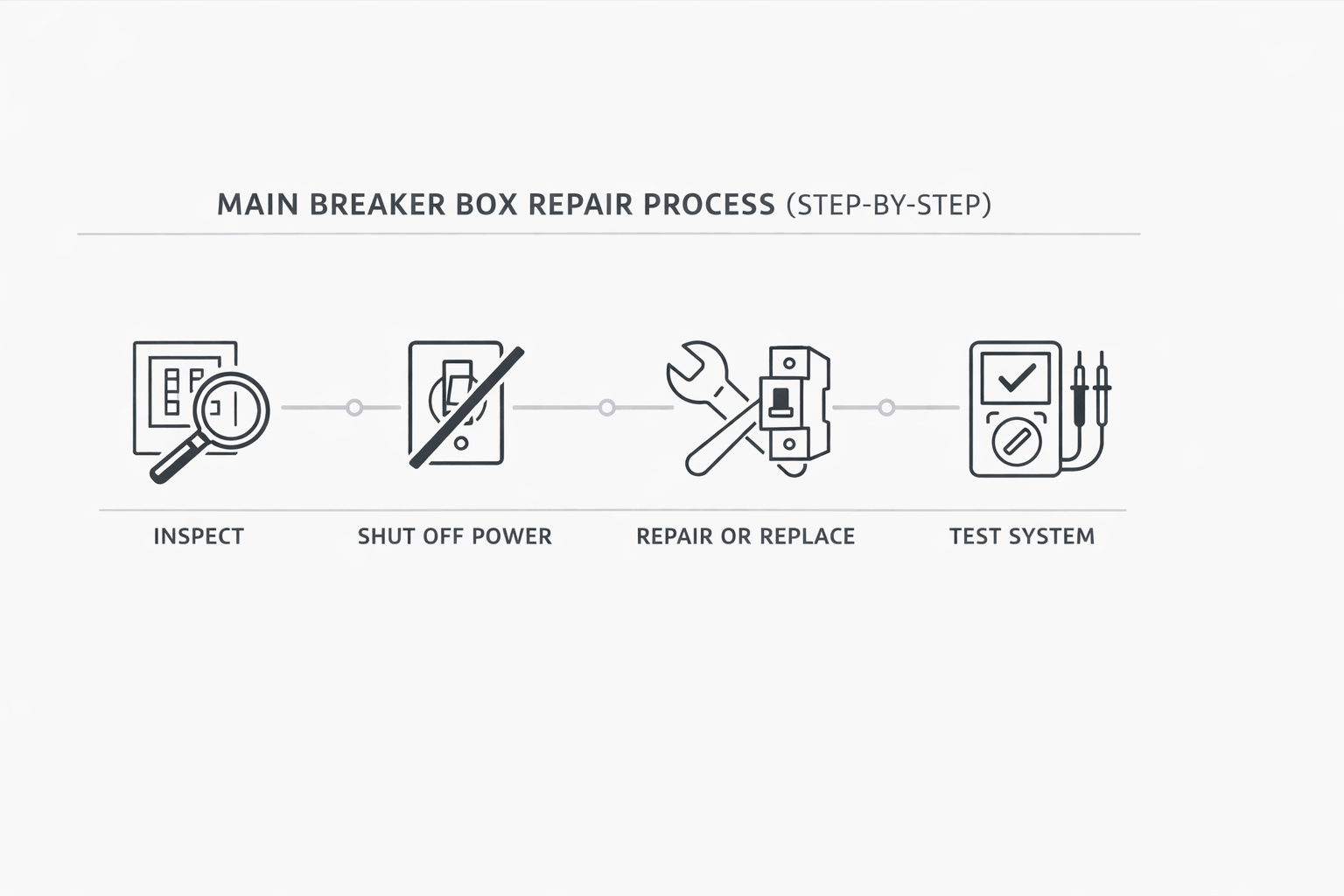 Step-by-step visual showing breaker box repair process from inspection to final testing in a clean linear layout.