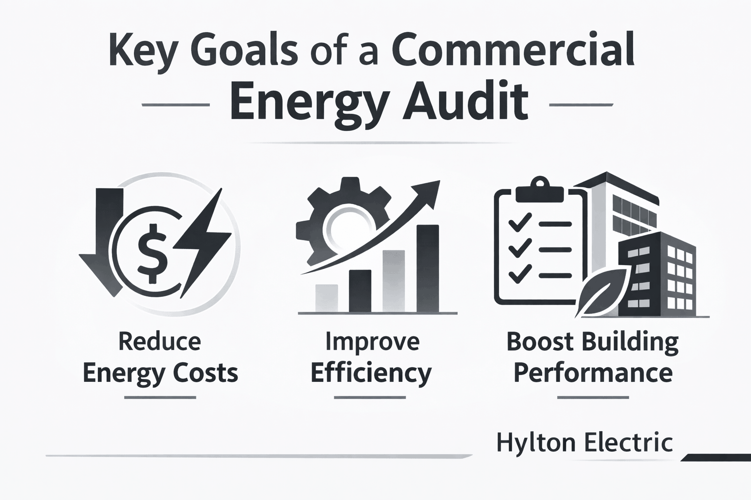 Icons showing reduced energy costs, improved system efficiency, and building performance from a commercial energy audit.