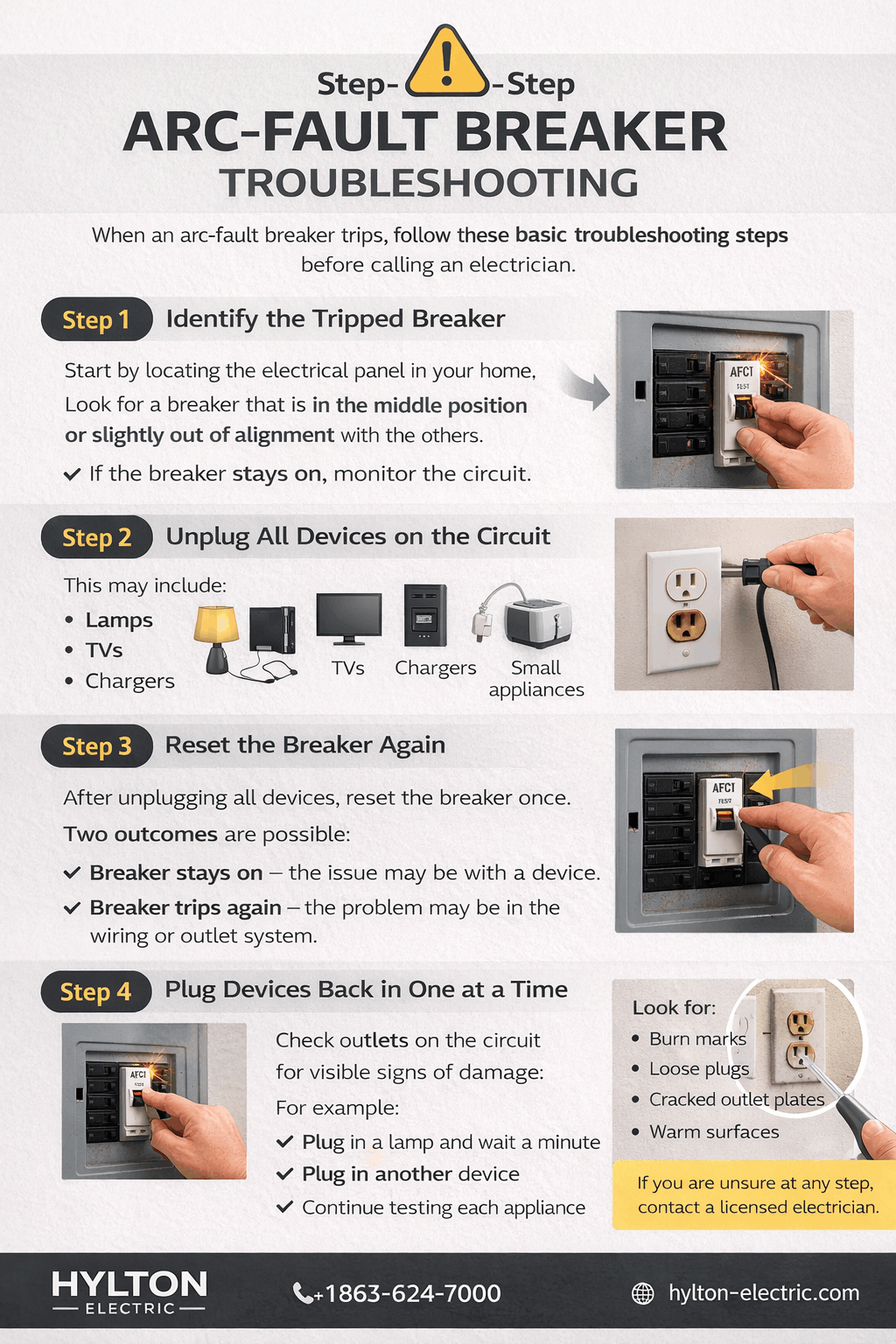 Step-by-step infographic showing how to troubleshoot an arc-fault breaker, including identifying the tripped breaker, unplugging devices, resetting the breaker, testing appliances, inspecting outlets, and calling an electrician if the issue continues.