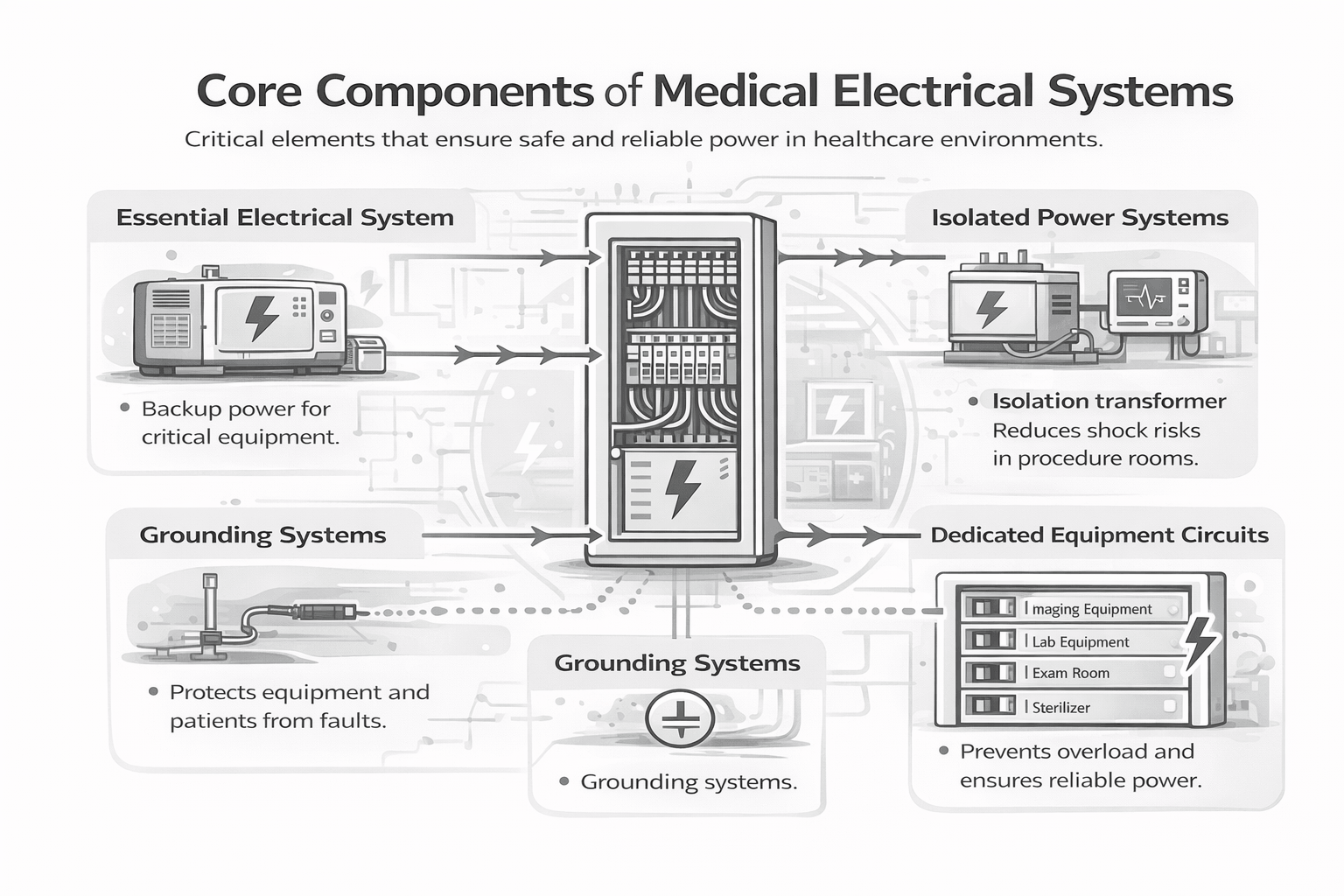 Grayscale infographic showing core components of medical electrical systems including grounding, isolated power, essential power, and dedicated circuits.