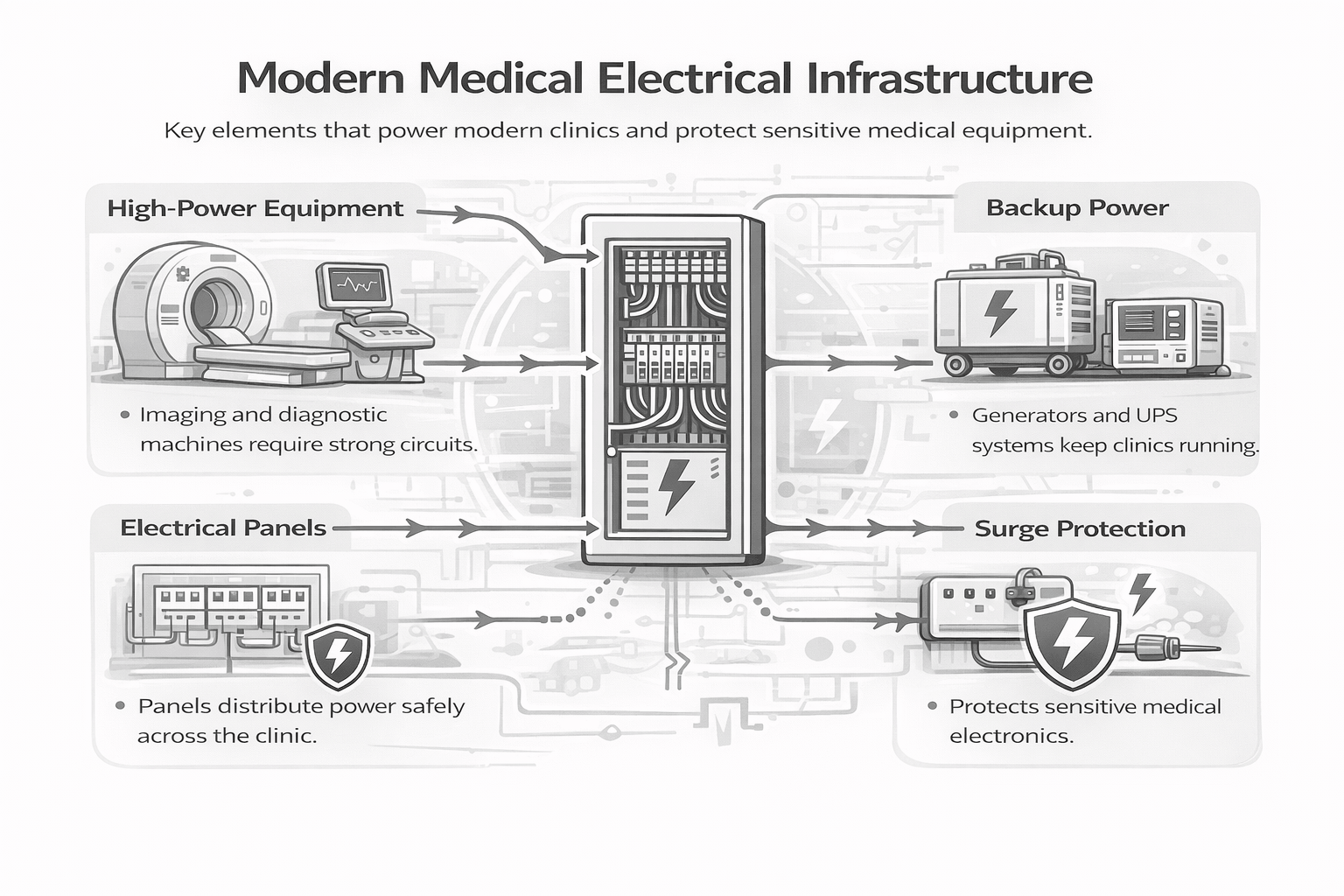 Grayscale infographic showing modern medical electrical infrastructure including panels, backup generators, surge protection, and high-power medical equipment.