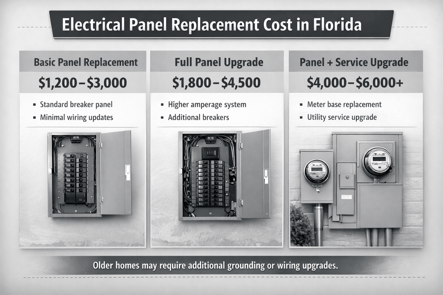 Electrical panel replacement cost comparison showing basic, upgrade, and service upgrade ranges.