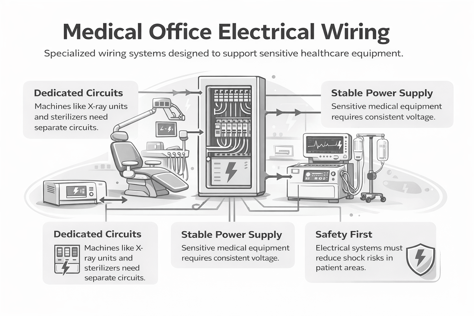 Illustrated diagram showing medical office electrical wiring, dedicated circuits, stable power supply, and safety systems for healthcare equipment.