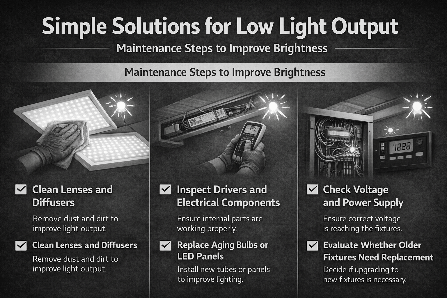 Simple Solutions for Low Light Output Maintenance teams usually check several things when the lighting becomes dim. Clean lenses and diffusers Inspect drivers and electrical components Replace aging bulbs or LED panels Check voltage and power supply Evaluate whether older fixtures need replacement These steps help restore consistent lighting across the workspace.