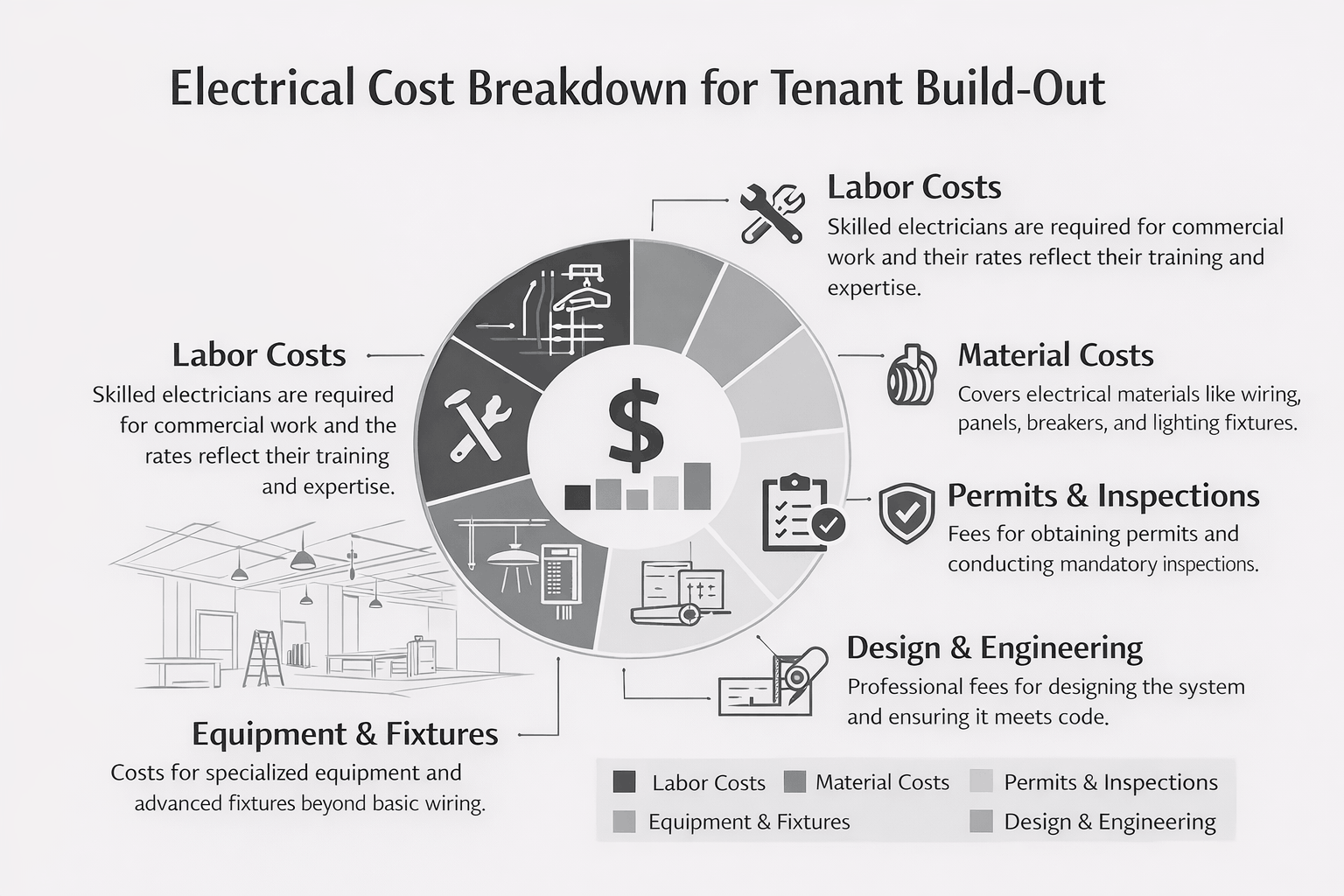 Electrical cost breakdown infographic showing labor, materials, permits, equipment, and design for commercial tenant build-out