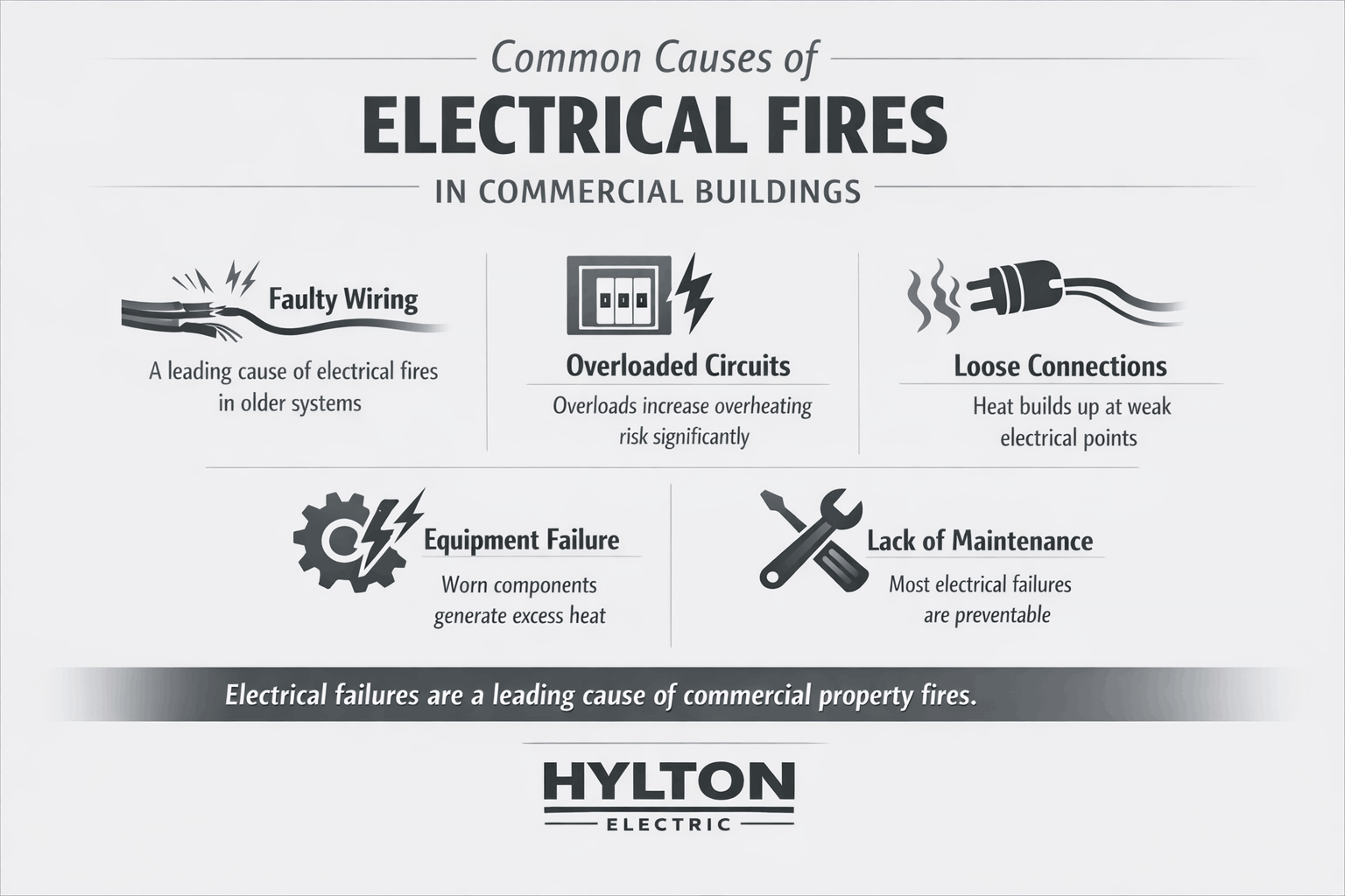 Infographic showing major electrical fire causes including faulty wiring, overloads, loose connections, and poor maintenance.