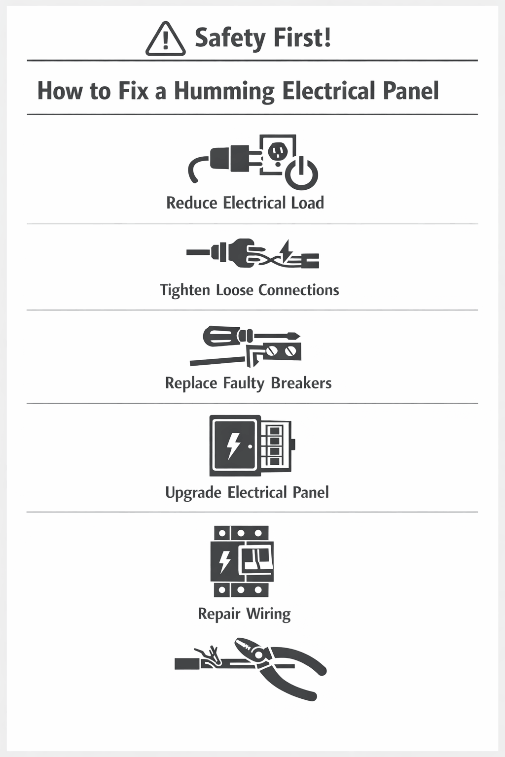 Minimalist monochrome infographic showing steps to fix a humming electrical panel, including reducing electrical load, tightening loose connections, replacing faulty breakers, upgrading the panel, and repairing wiring, with simple icons and a safety-first theme.