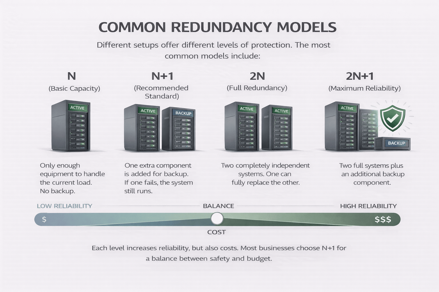 Minimalist infographic showing four redundancy models—N, N+1, 2N, and 2N+1—with increasing reliability and cost, illustrated using simple system icons.
