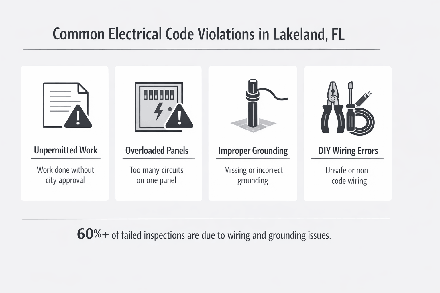Common electrical code violations including overloaded panels, grounding issues, and unpermitted work in Lakeland properties.