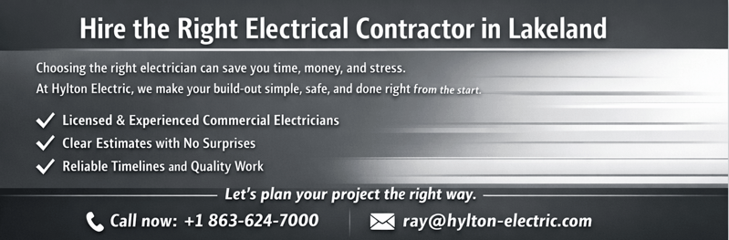 CTA banner for hiring electrical contractor in Lakeland with Hylton Electric contact details and service benefits