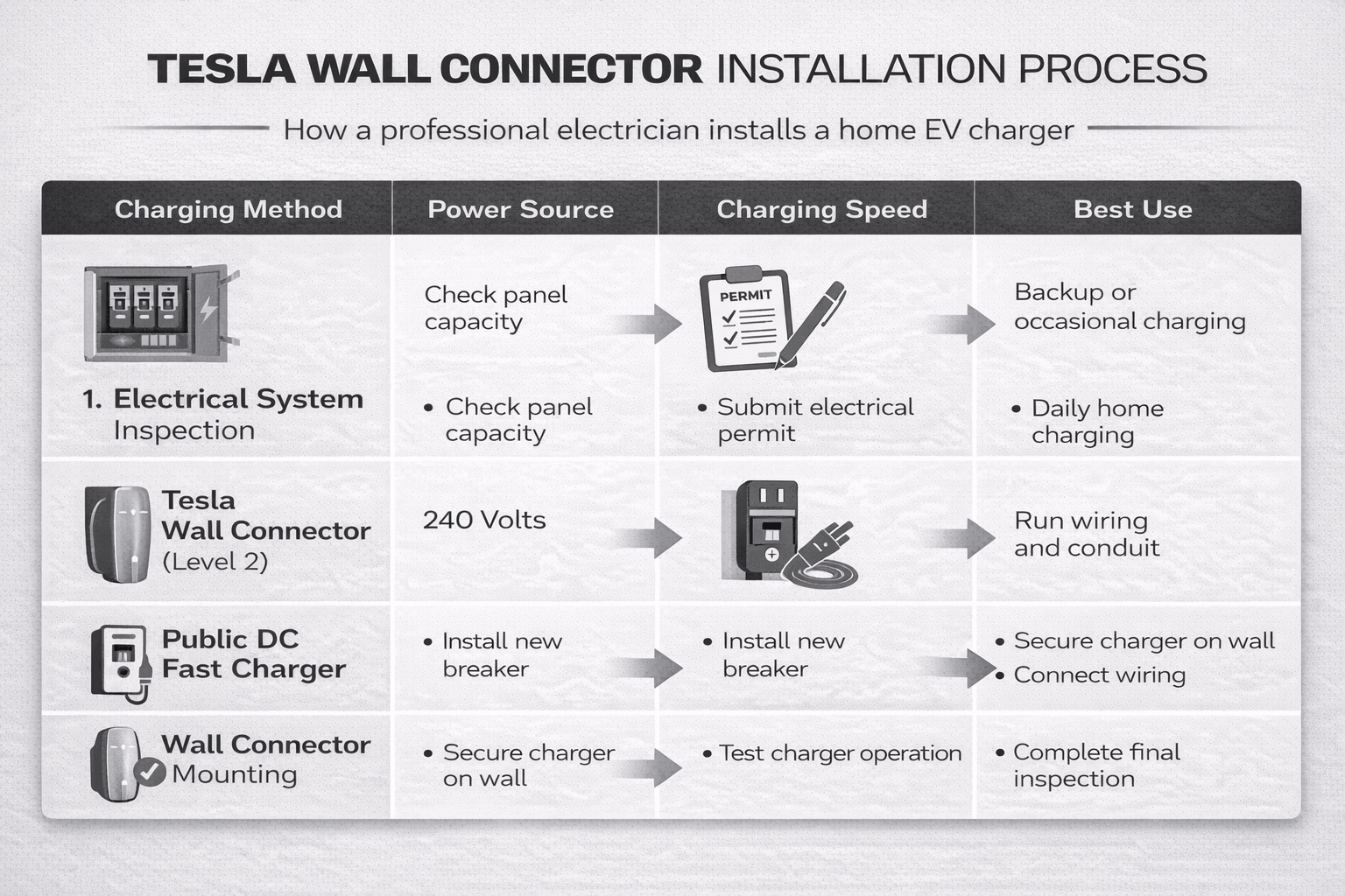 Tesla Wall Connector installation process infographic showing steps including electrical inspection, permit application, dedicated circuit installation, wall connector mounting, and final testing by a licensed electrician.