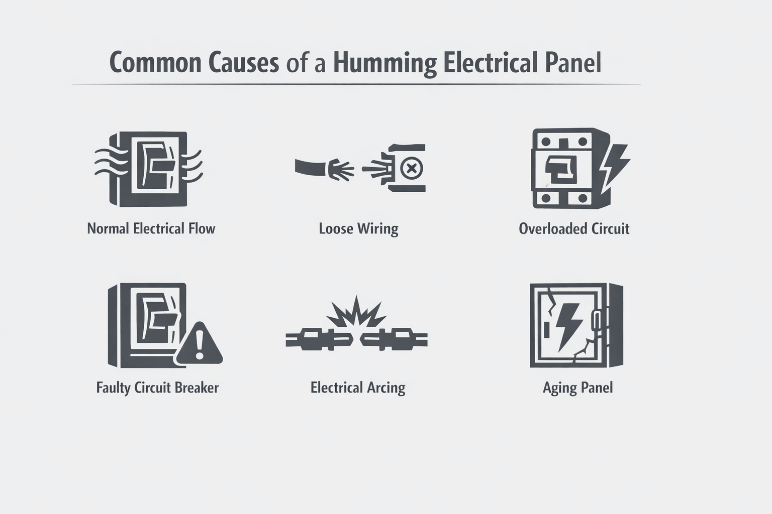 Minimalist monochrome infographic showing common causes of a humming electrical panel, including normal electrical flow, loose wiring, overloaded circuits, faulty breakers, electrical arcing, and aging panels with simple icons.