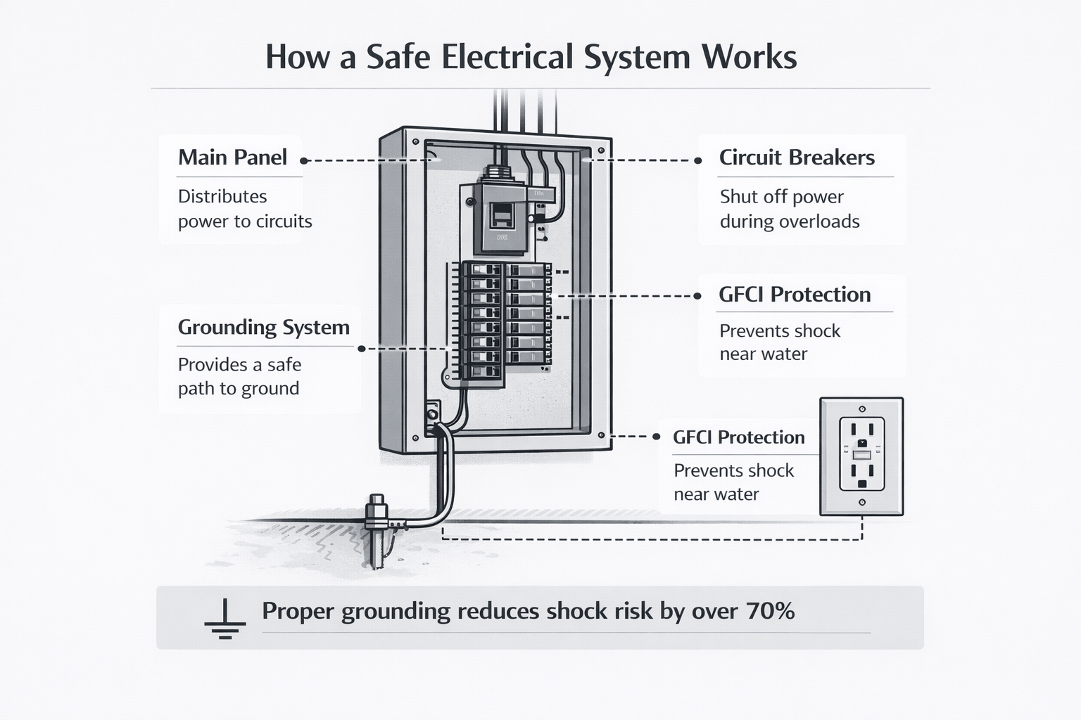 Diagram showing electrical panel, breakers, grounding, and GFCI protection for safe residential and commercial systems.