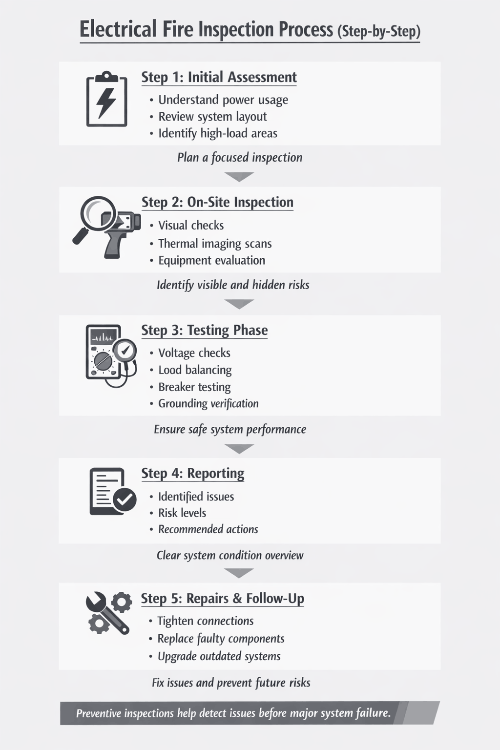 Step-by-step infographic showing electrical inspection process including assessment, inspection, testing, reporting, and repairs for fire prevention.